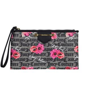 Juicy Couture Petal Stat Word on the Street Clutch Purse Black Pink Floral Chic